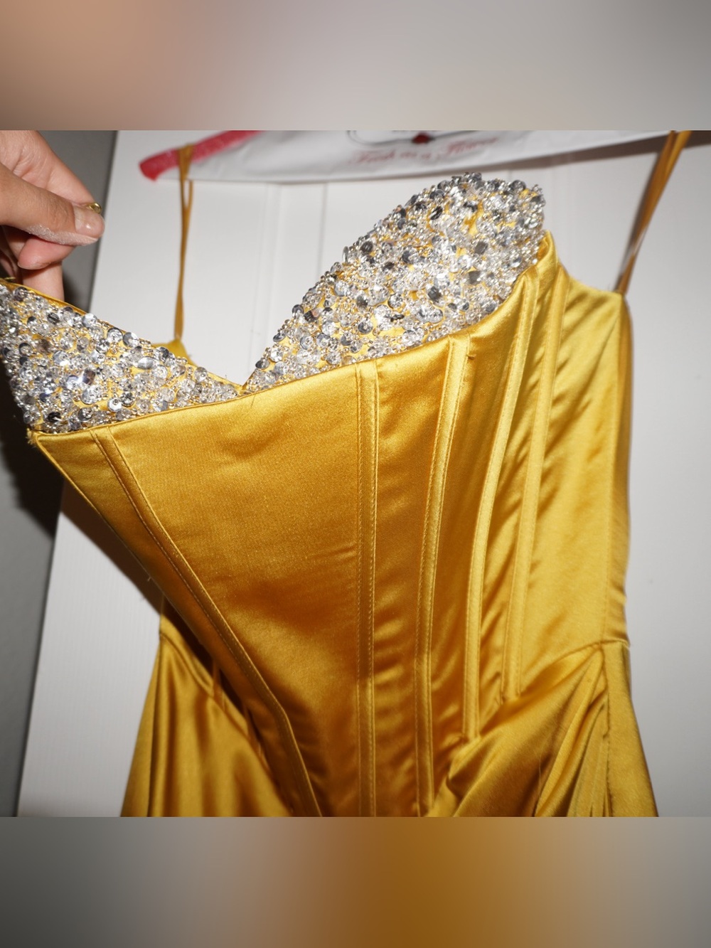 GB girls Yellow Gold Satin Corset Maxi Dress with Beaded Sequin Embellished Bust